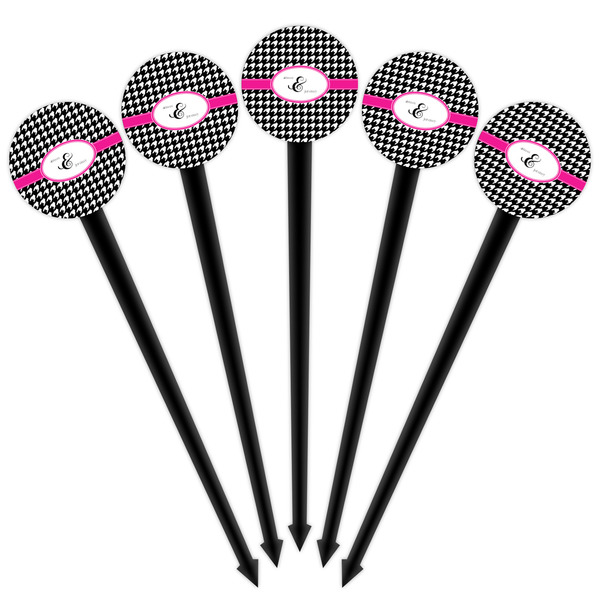 Houndstooth w/Pink Accent Black Plastic 4" Food Pick - Round - Fan View