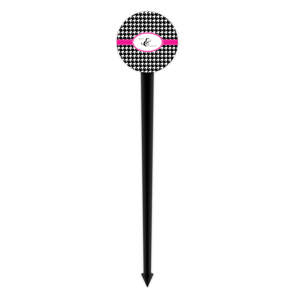 Houndstooth w/Pink Accent Black Plastic 4" Food Pick - Round - Single Pick