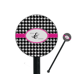 Houndstooth w/Pink Accent 5.5" Round Plastic Stir Sticks - Black - Single Sided (Personalized)