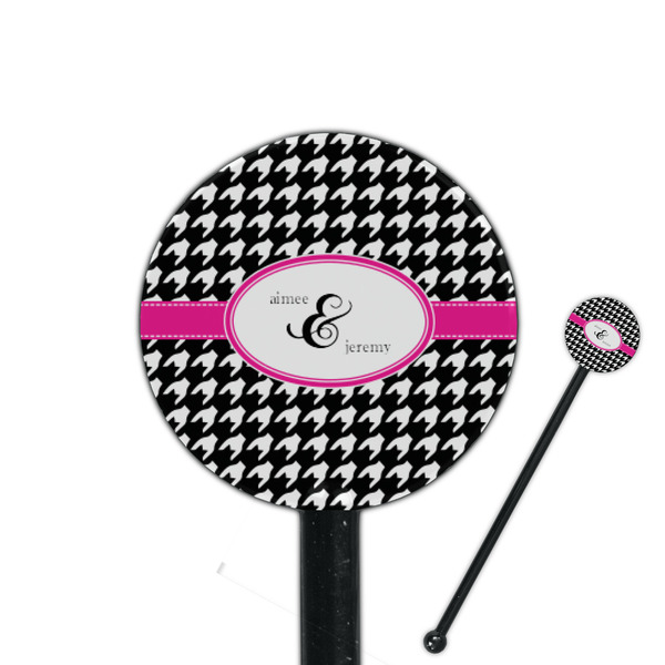 Custom Houndstooth w/Pink Accent 5.5" Round Plastic Stir Sticks - Black - Single Sided (Personalized)