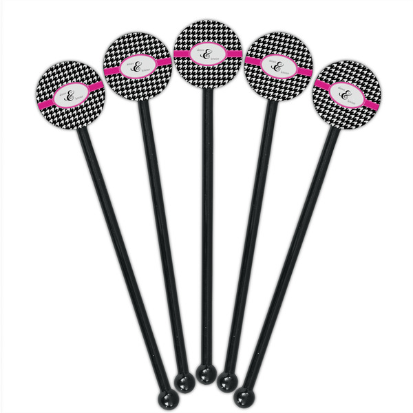 Houndstooth w/Pink Accent Black Plastic 5.5" Stir Stick - Round - Fan View