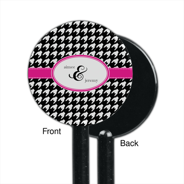 Houndstooth w/Pink Accent Black Plastic 5.5" Stir Stick - Single Sided - Round - Front & Back