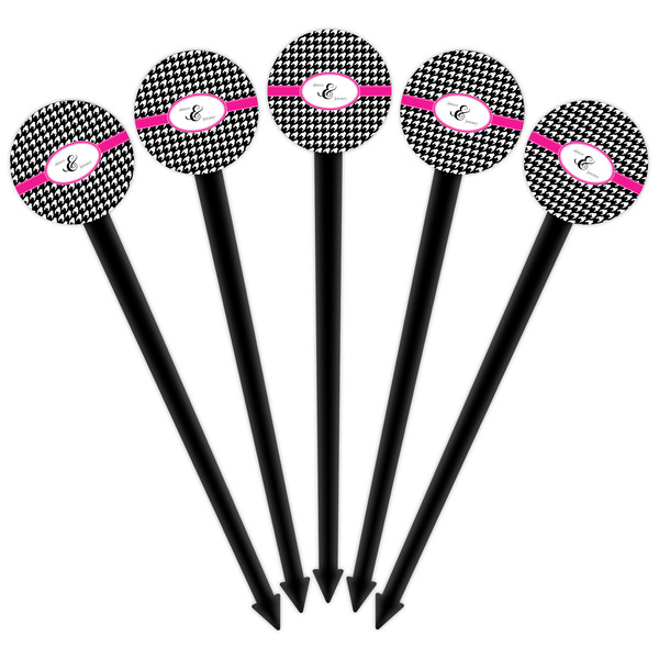 Houndstooth w/Pink Accent Black Plastic 6" Food Pick - Round - Fan View
