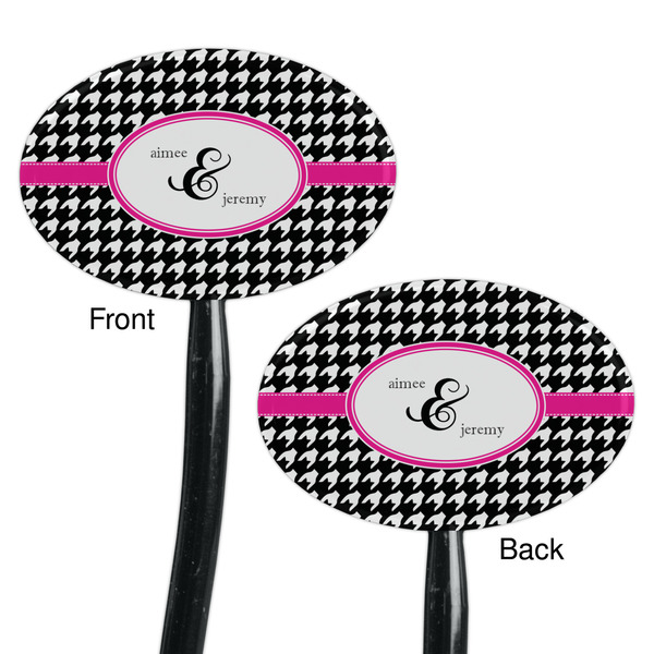 Houndstooth w/Pink Accent Black Plastic 7" Stir Stick - Double Sided - Oval - Front & Back
