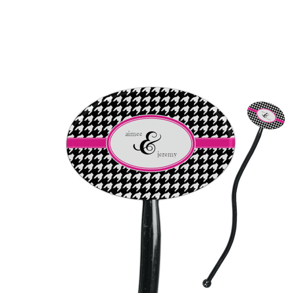 Custom Houndstooth w/Pink Accent 7" Oval Plastic Stir Sticks - Black - Single Sided (Personalized)