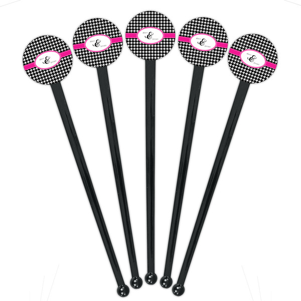 Houndstooth w/Pink Accent Black Plastic 7" Stir Stick - Round - Fan View