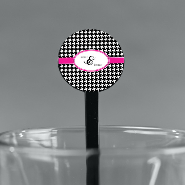 Houndstooth w/Pink Accent Black Plastic 7" Stir Stick - Round - Main