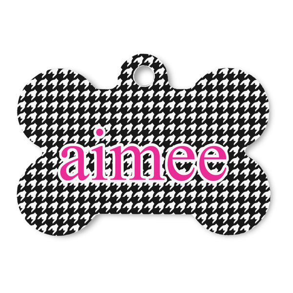 Custom Houndstooth w/Pink Accent Bone Shaped Dog ID Tag - Large (Personalized)