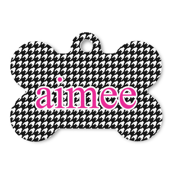 Custom Houndstooth w/Pink Accent Bone Shaped Dog ID Tag (Personalized)