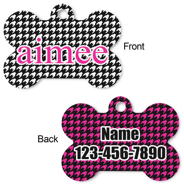 Houndstooth w/Pink Accent Bone Shaped Dog Tag - Front & Back
