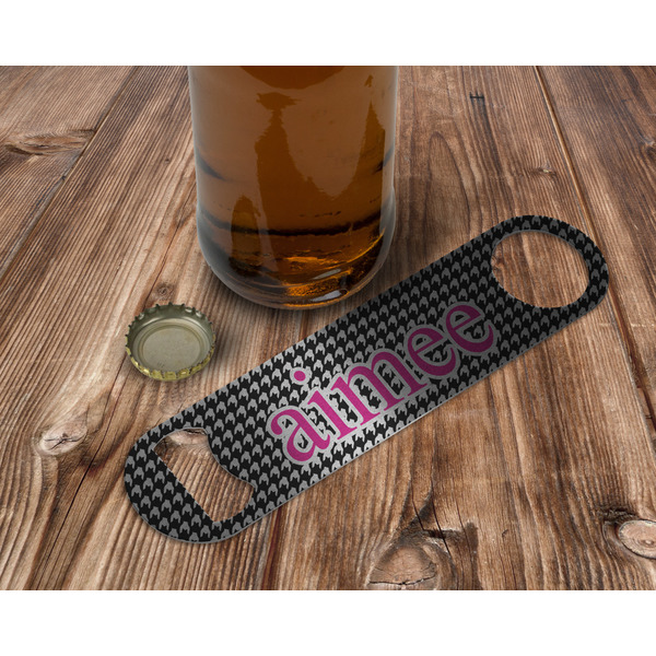 Houndstooth w/Pink Accent Bottle Opener - In Use