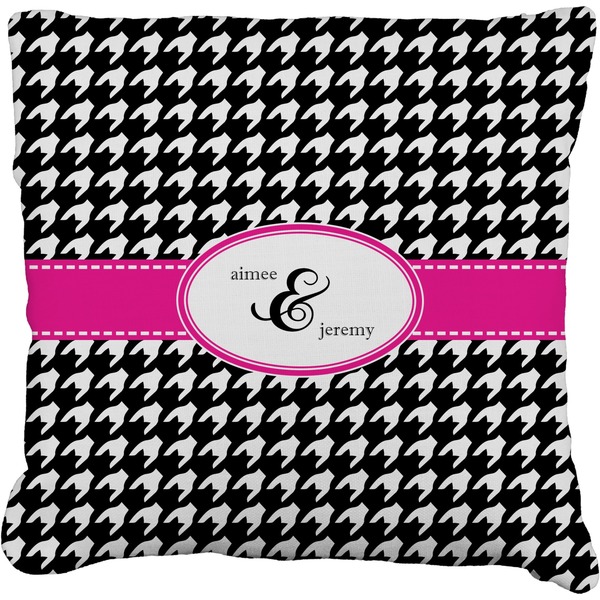 Custom Houndstooth w/Pink Accent Faux-Linen Throw Pillow 16" (Personalized)