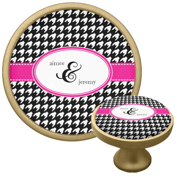 Custom Houndstooth w/Pink Accent Cabinet Knob - Gold (Personalized)