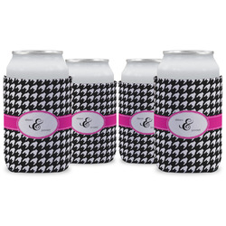 Houndstooth w/Pink Accent Can Cooler (12 oz) - Set of 4 w/ Couple's Names