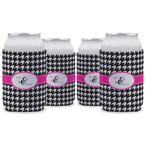 Custom Houndstooth w/Pink Accent Can Cooler (12 oz) - Set of 4 w/ Couple's Names