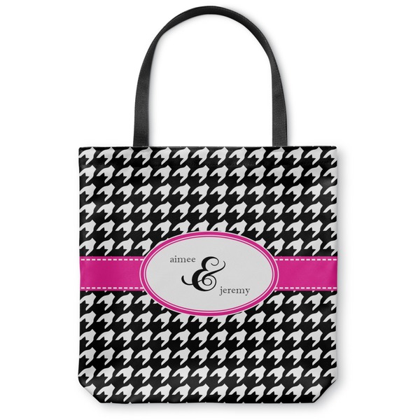 Custom Houndstooth w/Pink Accent Canvas Tote Bag - Medium - 16"x16" (Personalized)