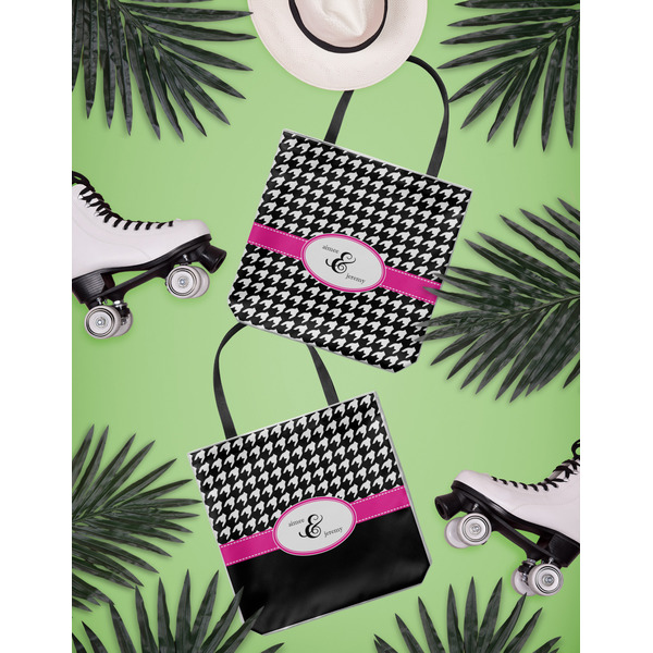 Houndstooth w/Pink Accent Canvas Tote Lifestyle Front and Back- 13x13