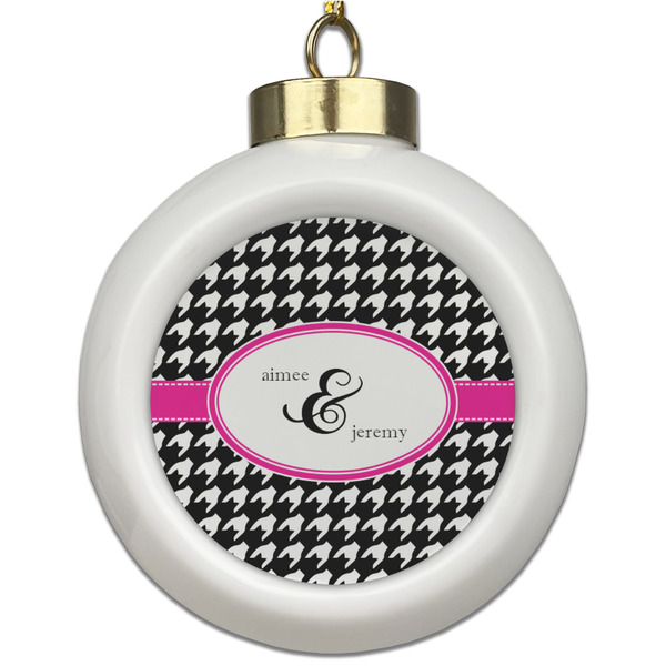 Custom Houndstooth w/Pink Accent Ceramic Ball Ornament (Personalized)