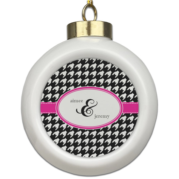 Custom Houndstooth w/Pink Accent Ceramic Ball Ornament (Personalized)