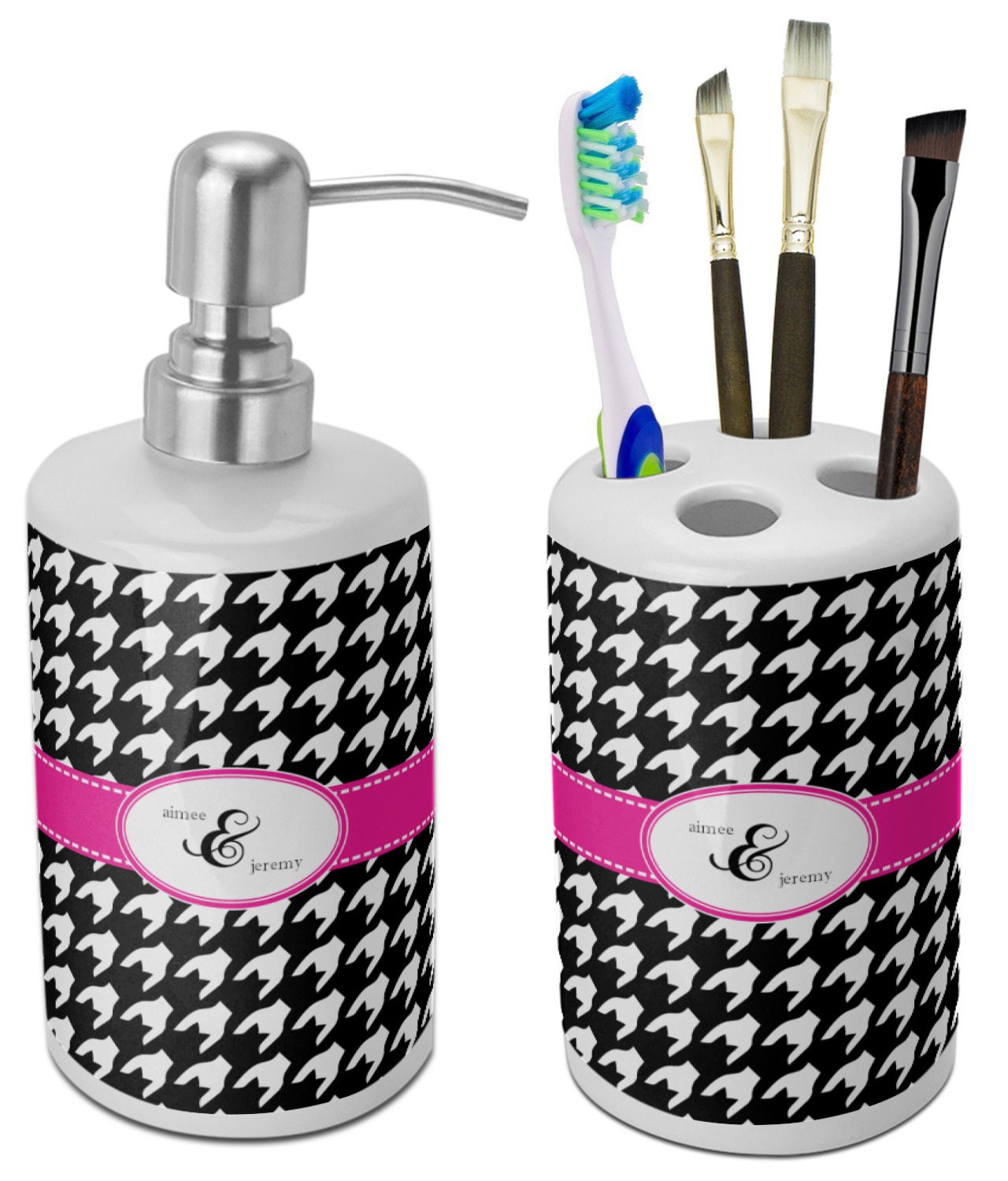 Houndstooth w/Pink Accent Ceramic Bathroom Accessories Set