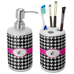 Houndstooth w/Pink Accent Ceramic Bathroom Accessories Set (Personalized)