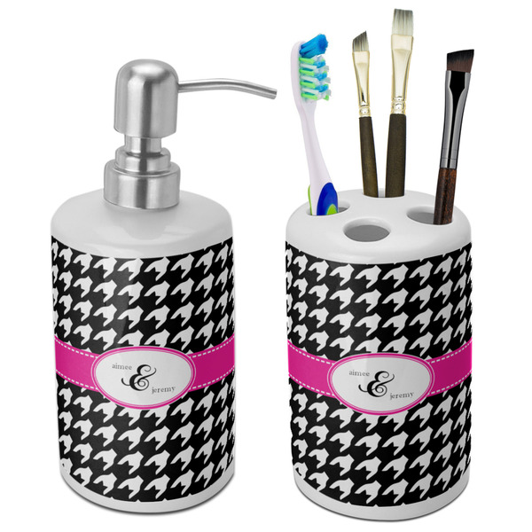 Custom Houndstooth w/Pink Accent Ceramic Bathroom Accessories Set (Personalized)