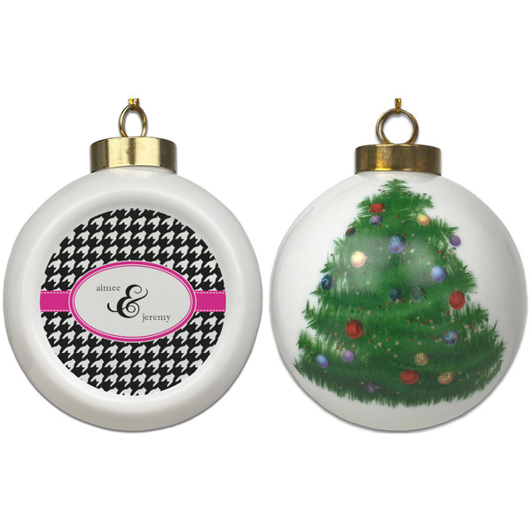 Houndstooth w/Pink Accent Ceramic Christmas Ornament - X-Mas Tree (APPROVAL)
