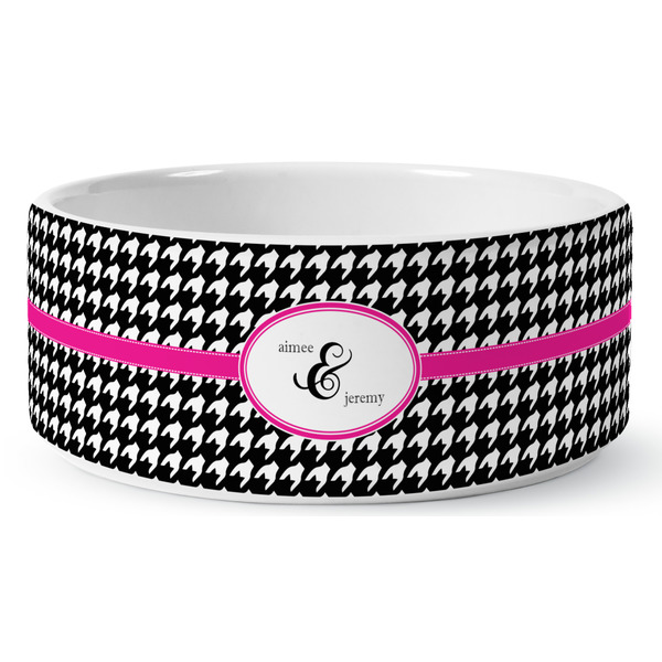 Houndstooth w/Pink Accent Ceramic Dog Bowl - Medium - Front
