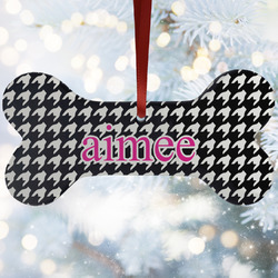 Houndstooth w/Pink Accent Ceramic Dog Ornament w/ Couple's Names
