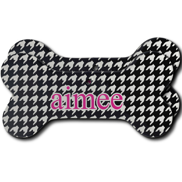 Custom Houndstooth w/Pink Accent Ceramic Dog Ornament - Front & Back w/ Couple's Names