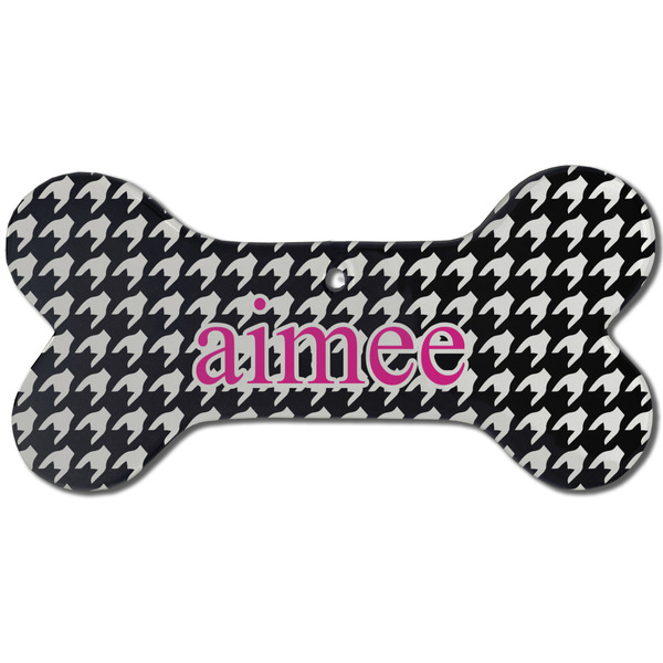 Custom Houndstooth w/Pink Accent Ceramic Dog Ornament - Front w/ Couple's Names