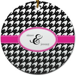 Houndstooth w/Pink Accent Round Ceramic Ornament w/ Couple's Names