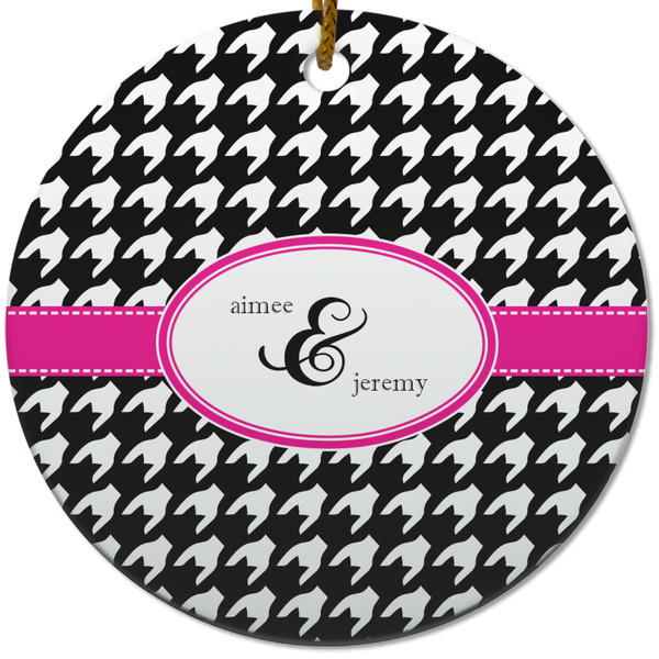 Custom Houndstooth w/Pink Accent Round Ceramic Ornament w/ Couple's Names