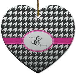 Houndstooth w/Pink Accent Heart Ceramic Ornament w/ Couple's Names