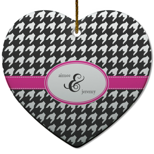 Custom Houndstooth w/Pink Accent Heart Ceramic Ornament w/ Couple's Names