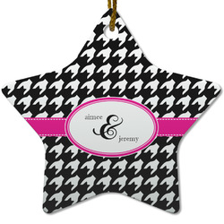 Houndstooth w/Pink Accent Star Ceramic Ornament w/ Couple's Names