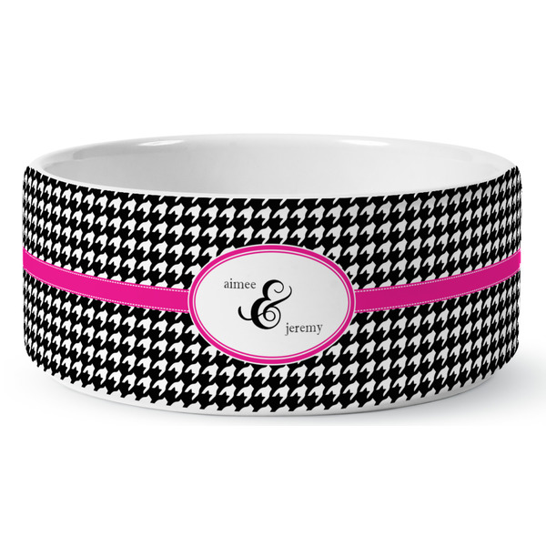 Custom Houndstooth w/Pink Accent Ceramic Dog Bowl (Personalized)