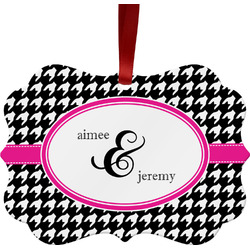 Houndstooth w/Pink Accent Metal Frame Ornament - Double Sided w/ Couple's Names