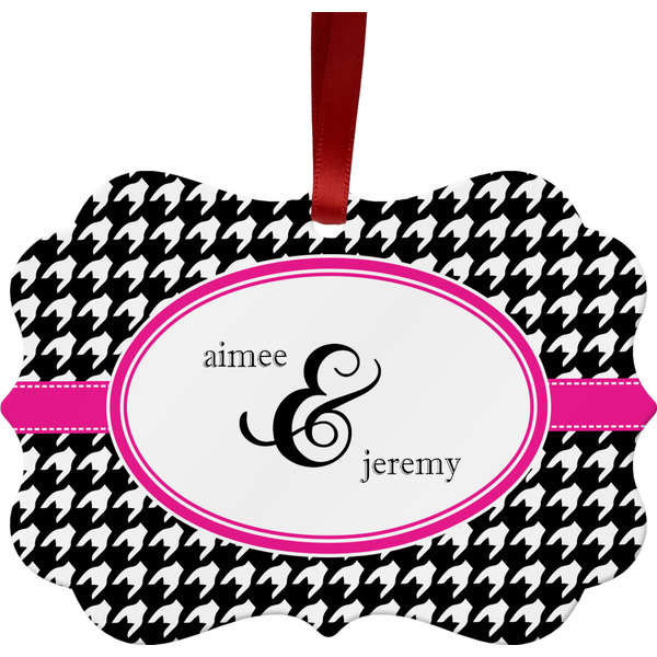 Custom Houndstooth w/Pink Accent Metal Frame Ornament - Double Sided w/ Couple's Names