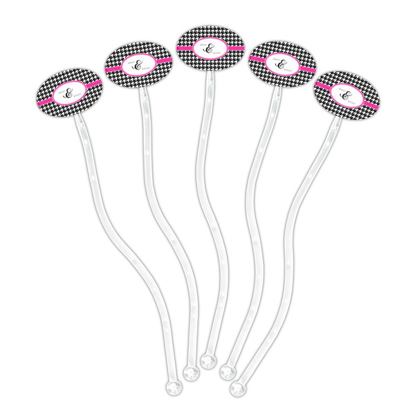 Houndstooth w/Pink Accent Clear Plastic 7" Stir Stick - Oval - Fan