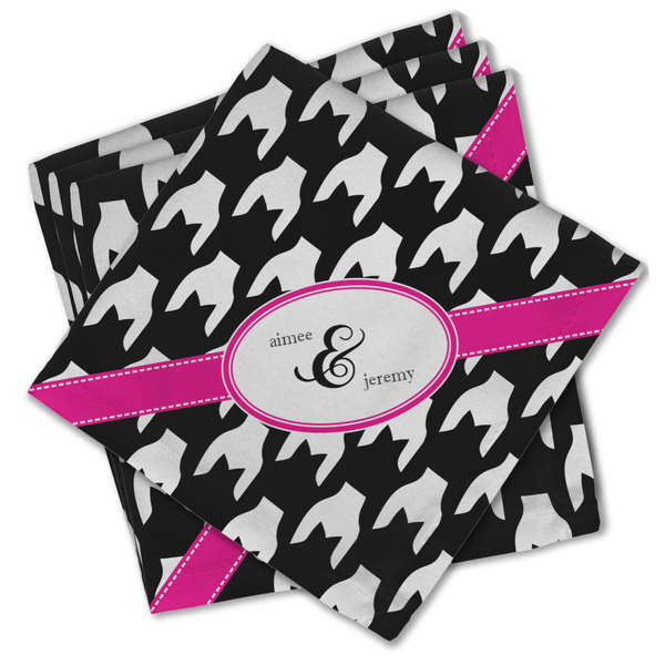 Custom Houndstooth w/Pink Accent Cloth Cocktail Napkins - Set of 4 w/ Couple's Names