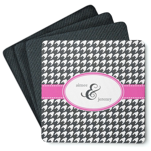 Custom Houndstooth w/Pink Accent Square Rubber Backed Coasters - Set of 4 (Personalized)