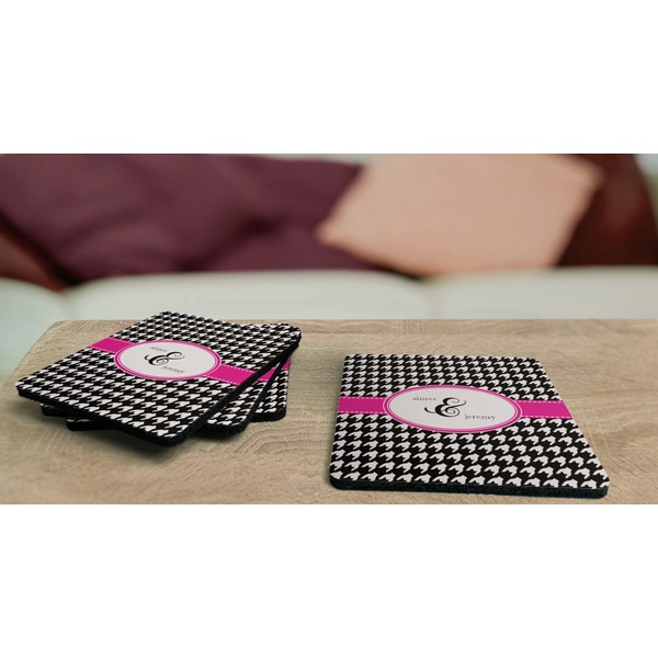 Houndstooth w/Pink Accent Coaster Rubber Back - On Coffee Table