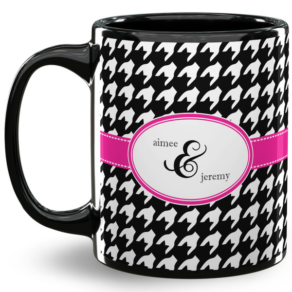 Custom Houndstooth w/Pink Accent 11 Oz Coffee Mug - Black (Personalized)