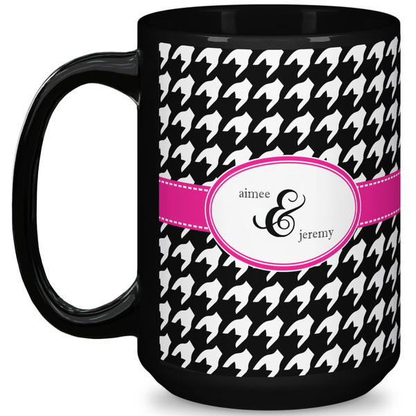 Custom Houndstooth w/Pink Accent 15 Oz Coffee Mug - Black (Personalized)