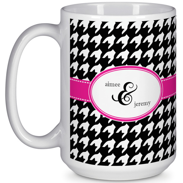 Custom Houndstooth w/Pink Accent 15 Oz Coffee Mug - White (Personalized)