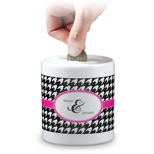 Custom Houndstooth w/Pink Accent Coin Bank (Personalized)