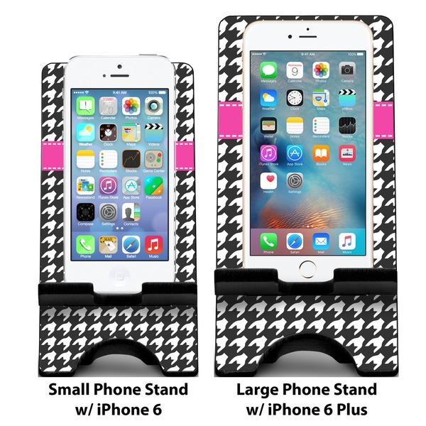 Houndstooth w/Pink Accent Compare Phone Stand Sizes - with iPhones