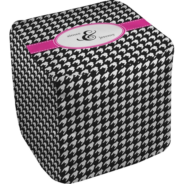 Custom Houndstooth w/Pink Accent Cube Pouf Ottoman (Personalized)