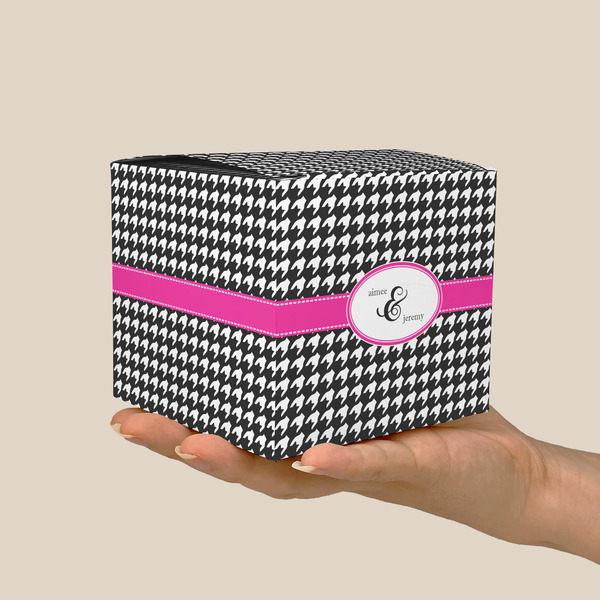 Houndstooth w/Pink Accent Cube Favor Gift Box - On Hand - Scale View